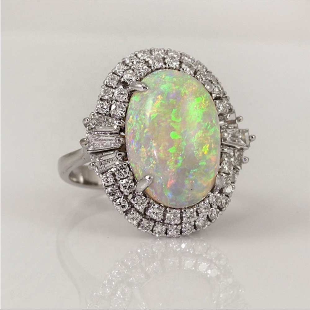 New Elegant 925 Silver Fire White Opal Ring